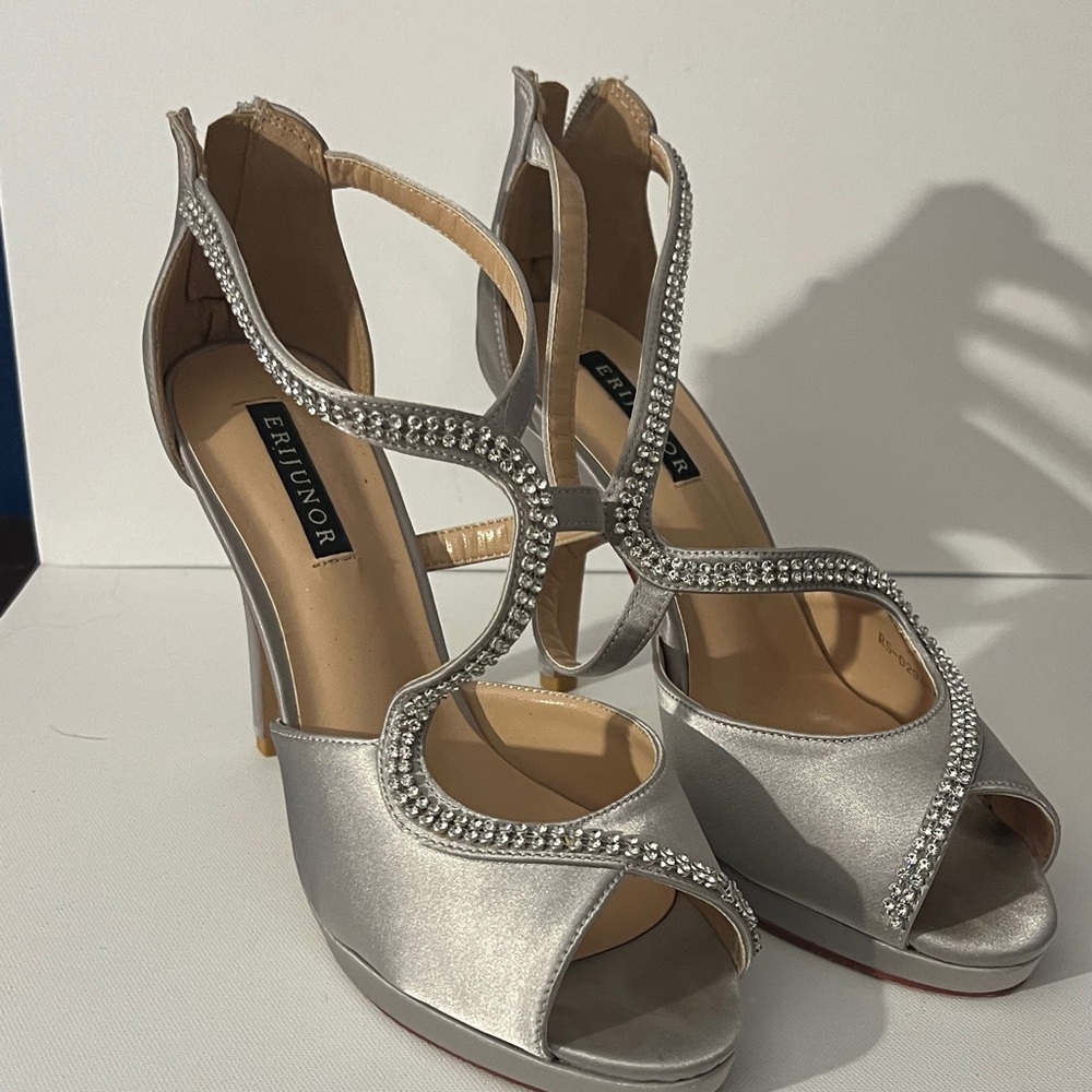 Women's Silver Heels with Rhinestone Detailing